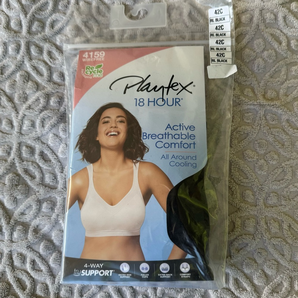 New Playtex 18 Hour Bra Black Wirefree 42C Active Breathable Comfort 4159